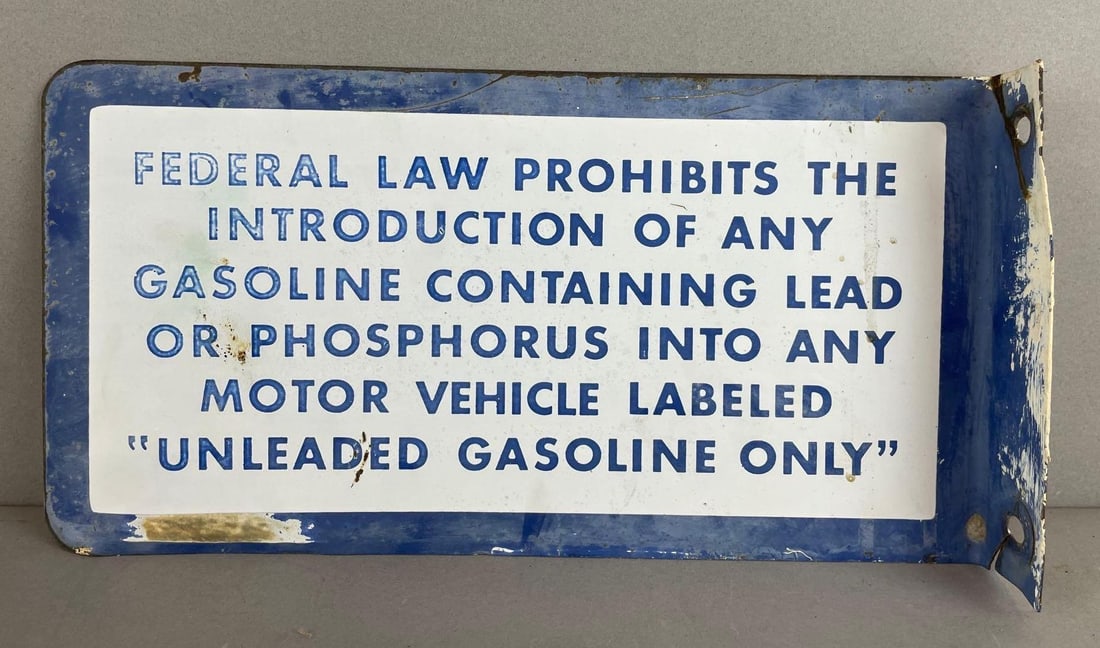 Unleaded Gasoline Only Metal Flange Station Warning Sign: Federal law, measures 5 1/2 x 10 1/2 x 1 1/2 inches