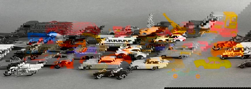 Group of 20+ Die-Cast Vehicles and More: Includes Hot Wheels, Matchbox, Tootsie Toys, and more, Includes Hot Wheels vinyl case, Some missing pieces, Largest measures 6 inches long.