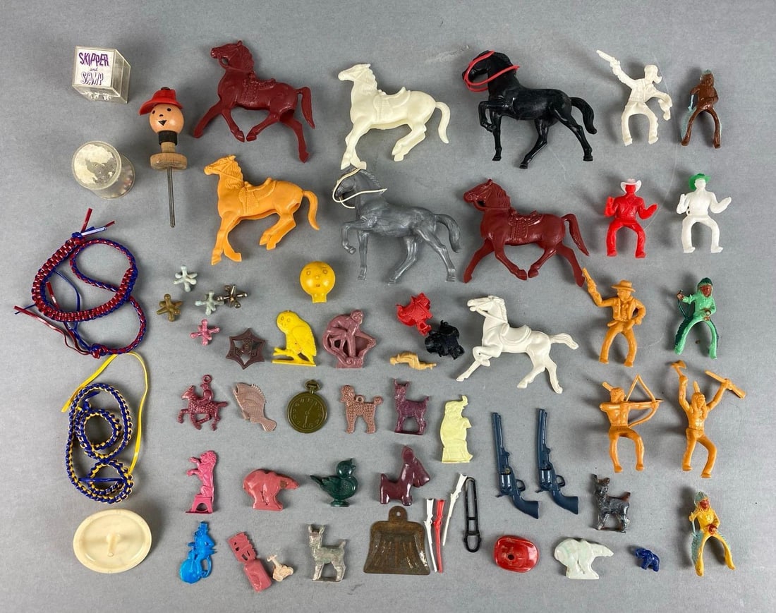 Group of 50+ Children?s Toys and Accessories: Includes cowboys, native Americans, horses and more, largest horse measures 3 1/2 x 4 inches