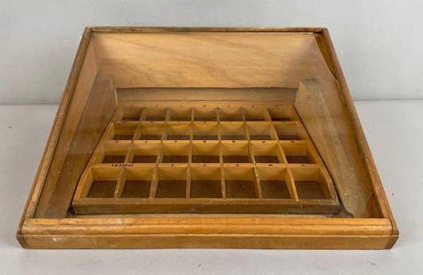 Antique Wood and Glass Store Display Cabinet: Glass broken in 2 spots. Cabinet measures 5 1/2 x 12 x 9 1/4 inches