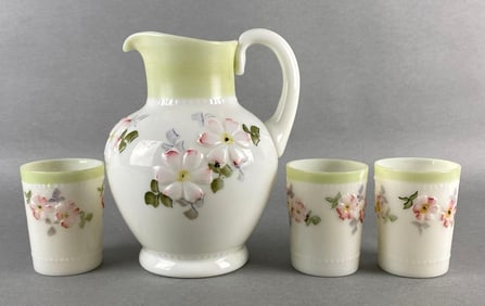 Antique Coreopsis Floral Painted Glass Pitcher and Tumbler Set
