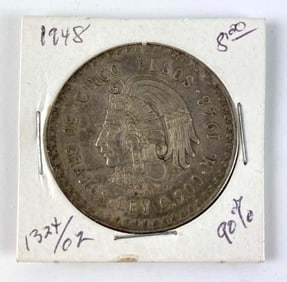 1948 Mexican 5 Pesos Cuauhtemoc .900 Silver Coin