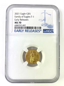 2021 NGC Graded MS 70 ER T-1 $5 American Eagle 1/10 oz Gold