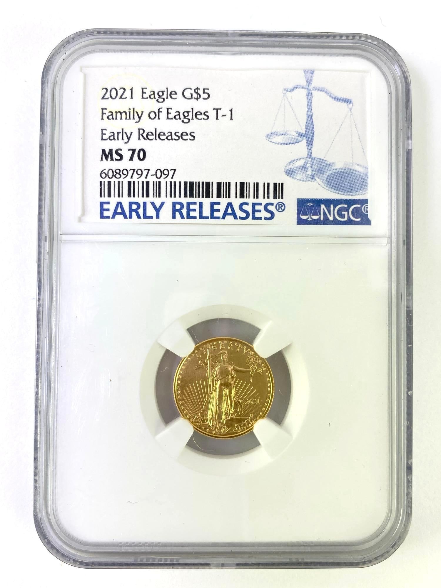 2021  NGC Graded MS 70 ER T-1 $5 American Eagle 1/10 oz Gold (1 of 2)