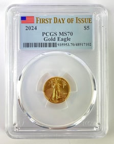 2024 PCGS Graded MS 70 First Day of Issue $5 American Gold Eagle 1/10th oz Fine Gold Coin