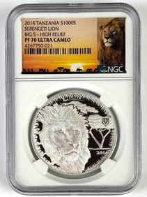NGC Graded 2014 Tanzania 100 Shillings Serengeti Lion Silver Coin PF70