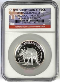 NGC Graded 2011-P Australia $1 Kangaroo 1oz .999 Fine Silver Coin PF69 Ultra Cameo