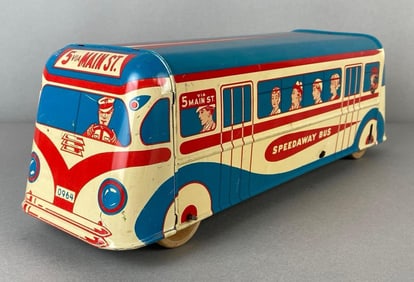 Vintage Wolverine Supply Tin Litho Speedaway Press Down Bus