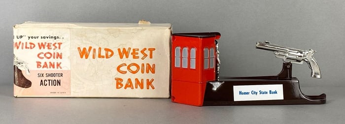Wild West Six Shooter Action Advertising Die-Cast Coin Bank