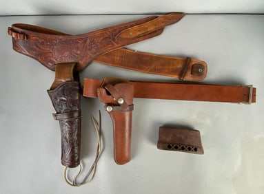 Group of 2 Leather Gun Belts with Holsters and More