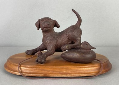 Joseph Fornelli Lab Puppy and Duck Decoy Composite Sculpture on Wood Base