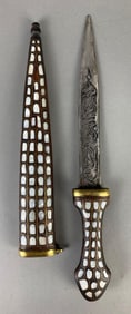Turkish Style Etched Knife With Scale Pattern Mother of Pearl and Wood Sheath