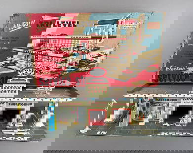Vintage Marx Day and Night Service Tin Litho Playset: Includes box for different set, accessories, assorted pumps. Measures 11 x 26 1/4 x 15 inches