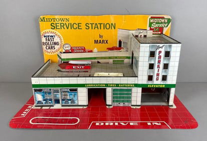 Vintage Marx Tin Litho Midtown Service Station Playset