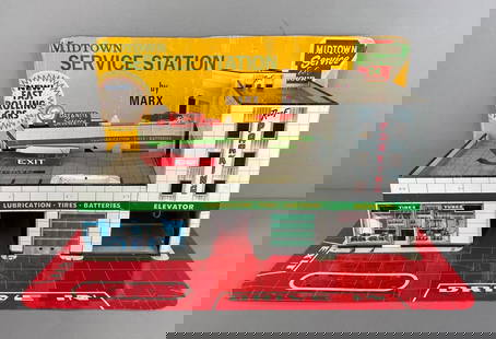 Vintage Marx Tin Litho Midtown Service Station Playset: Includes box top, measures 11 1/4 x 27 1/4 x 15 3/4 inches