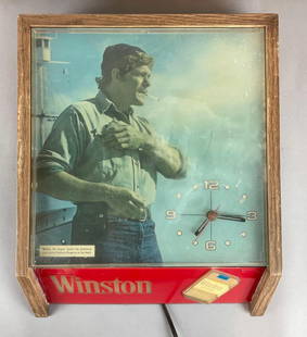 Vintage Winston Cigarettes Light-Up Advertising Clock: Working condition clock, needs bulb, front cover needs cleaning inside, measures 20 1/4 x 16 1/2 x 4 1/4 inches