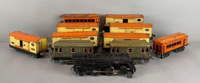 Group of Pre-War Lionel Tin Litho Train Cars with Steam Locomotive