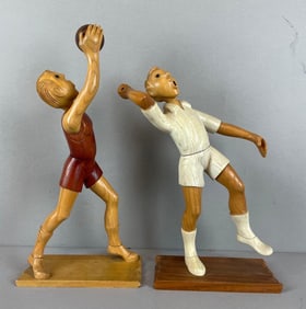 Group of 2 Vintage Carved Wood Sports Players