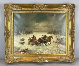 Antique Artist Signed Wolf Hunt Oil Painting on Canvas