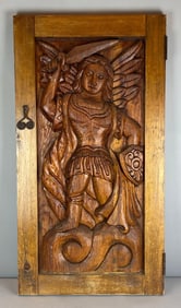Hand Carved Saint Michael Wood Cabinet Door