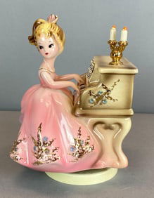 Vintage Josef Originals Porcelain Girl Playing Piano Music Box