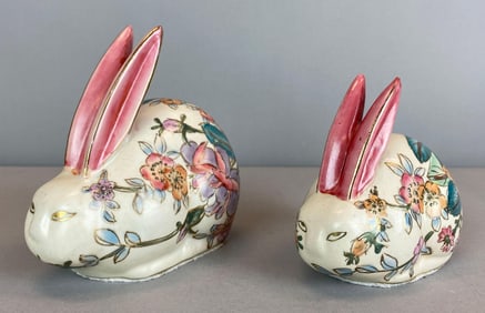 Group of 2 Chinese Hand Painted Floral Porcelain Bunnies