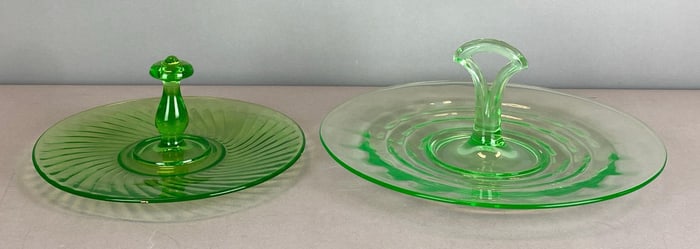 Group of 2 Vaseline Glass Handled Serving Trays
