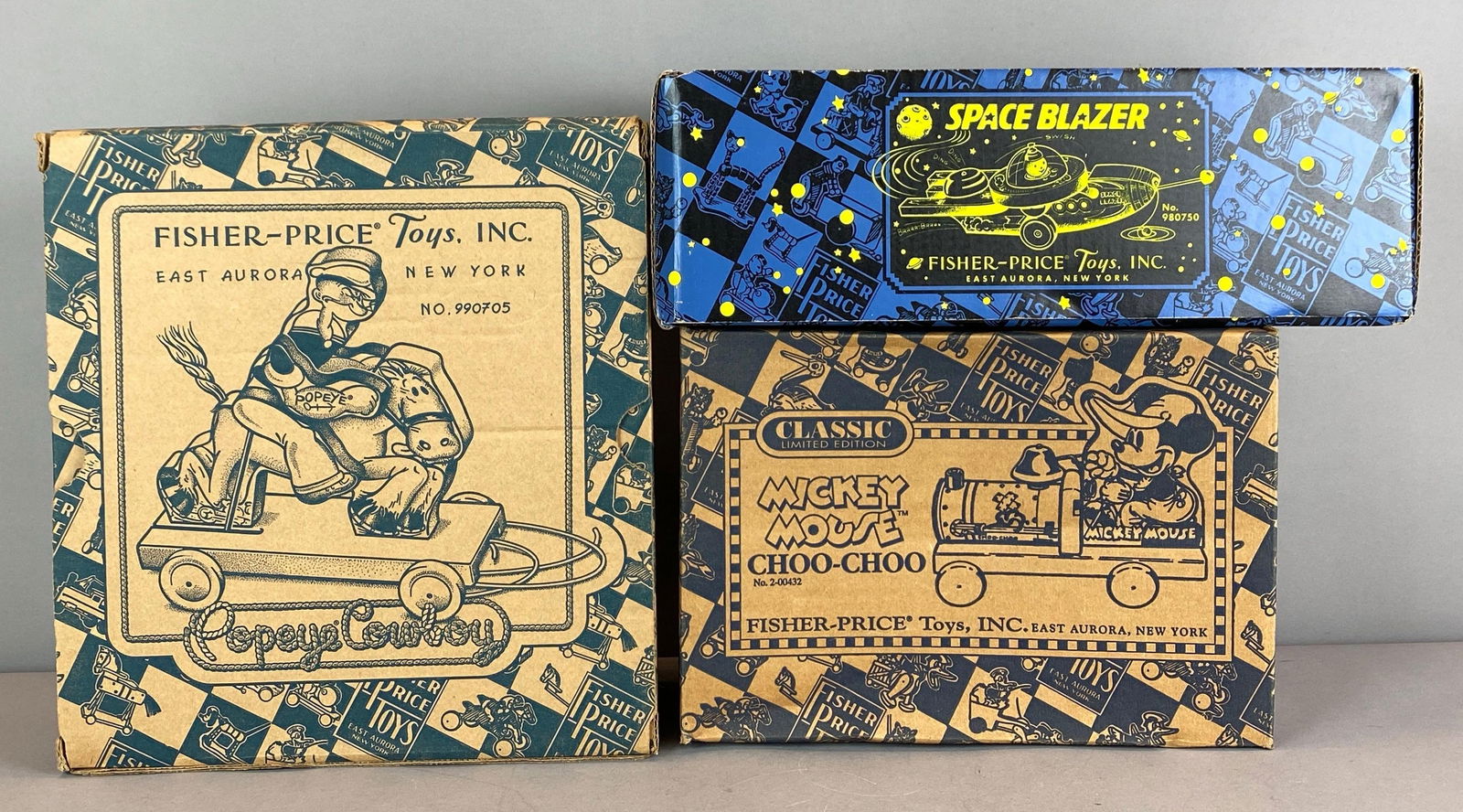 Group of 3 Limited Edition Reproduction Fisher-Price Sets: Includes COAs, Includes Popeye cowboy, Mickey Mouse Choo-choo and spacer blazer, largest box measures 11 1/2 x 10 1/2 x 4 1/2 inches