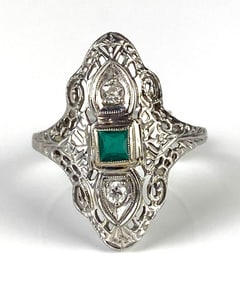 18K White Gold Green CZ and Diamond Filagree Ring
