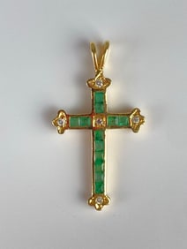 14k Gold Emerald and Diamond Cross Necklace Pendant