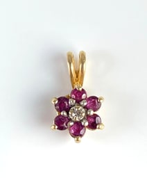 14K Gold Ruby and Diamond Flower Necklace Pendant