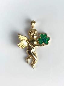 14K Gold Cherub with Shamrock Necklace Pendant