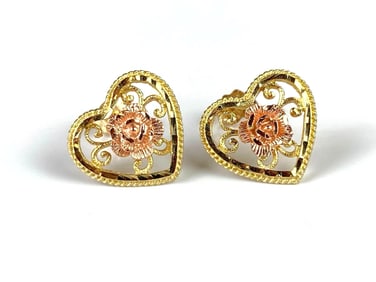 Pair of 14K Gold and Rose Gold Heart/Rose Filagree Stud Earrings