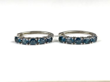 Pair of 14K White Gold Blue Spinel Hoop Earrings