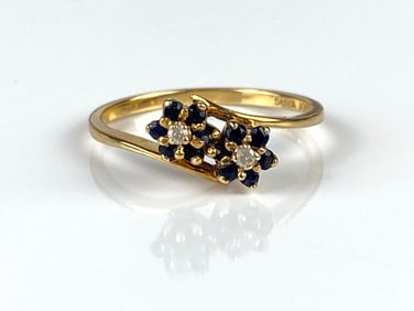 10K Gold Dark Blue Spinel and Diamond Flower Ring