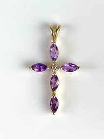 10K Gold Amethyst and Diamond Cross Necklace Pendant
