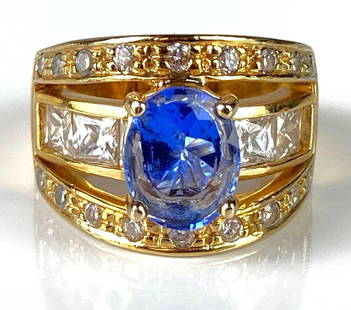 Sterling Silver Vermeil Blue Spinel and CZ Ring: Size 9.