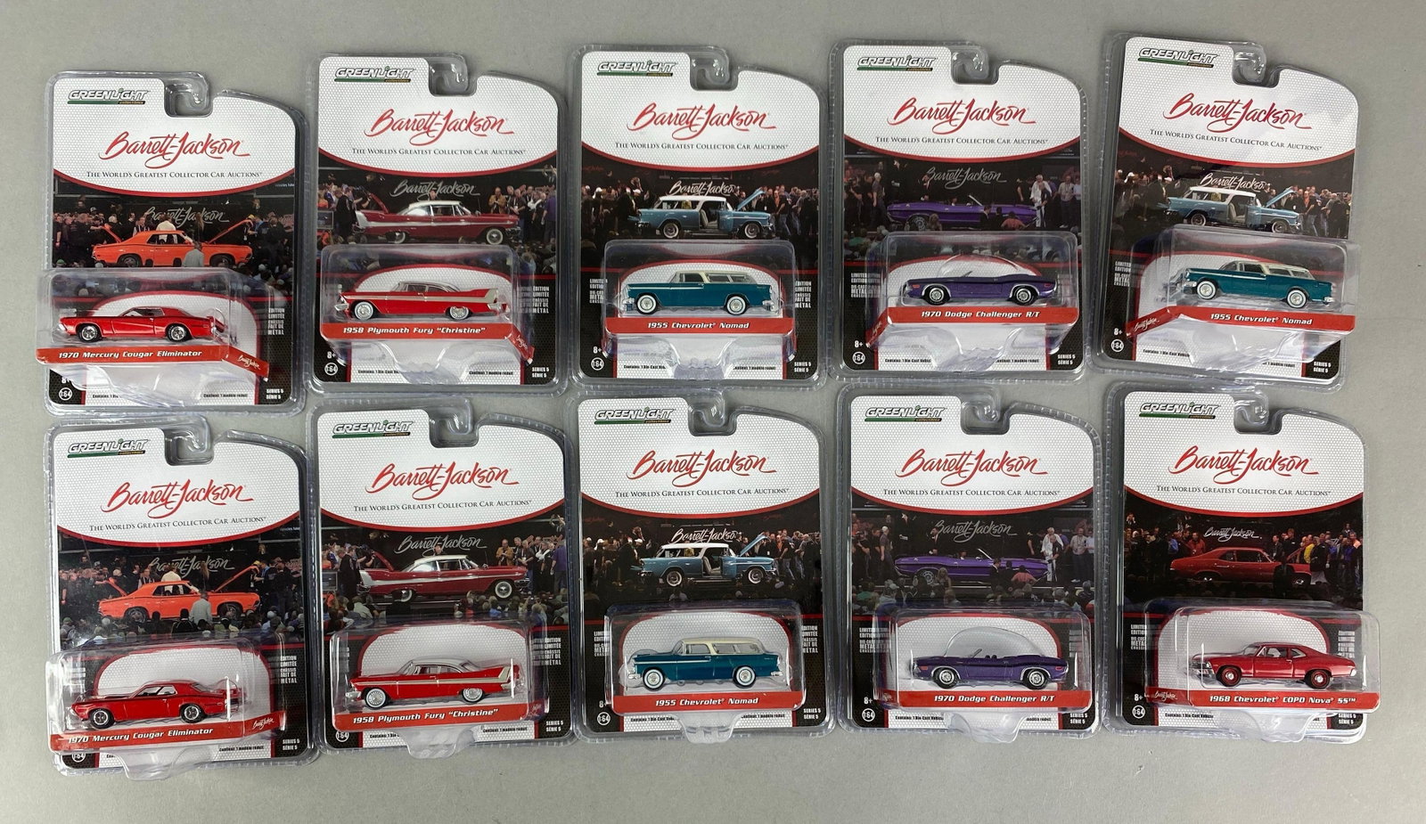 Group of Greenlight Barett-Jackson Die-Cast Iconic Cars: include 1970 Mercury Cougar eliminator, 1958 Plymouth fury Christine, 1970 Dodge challenger RT and more, like new in original packaging