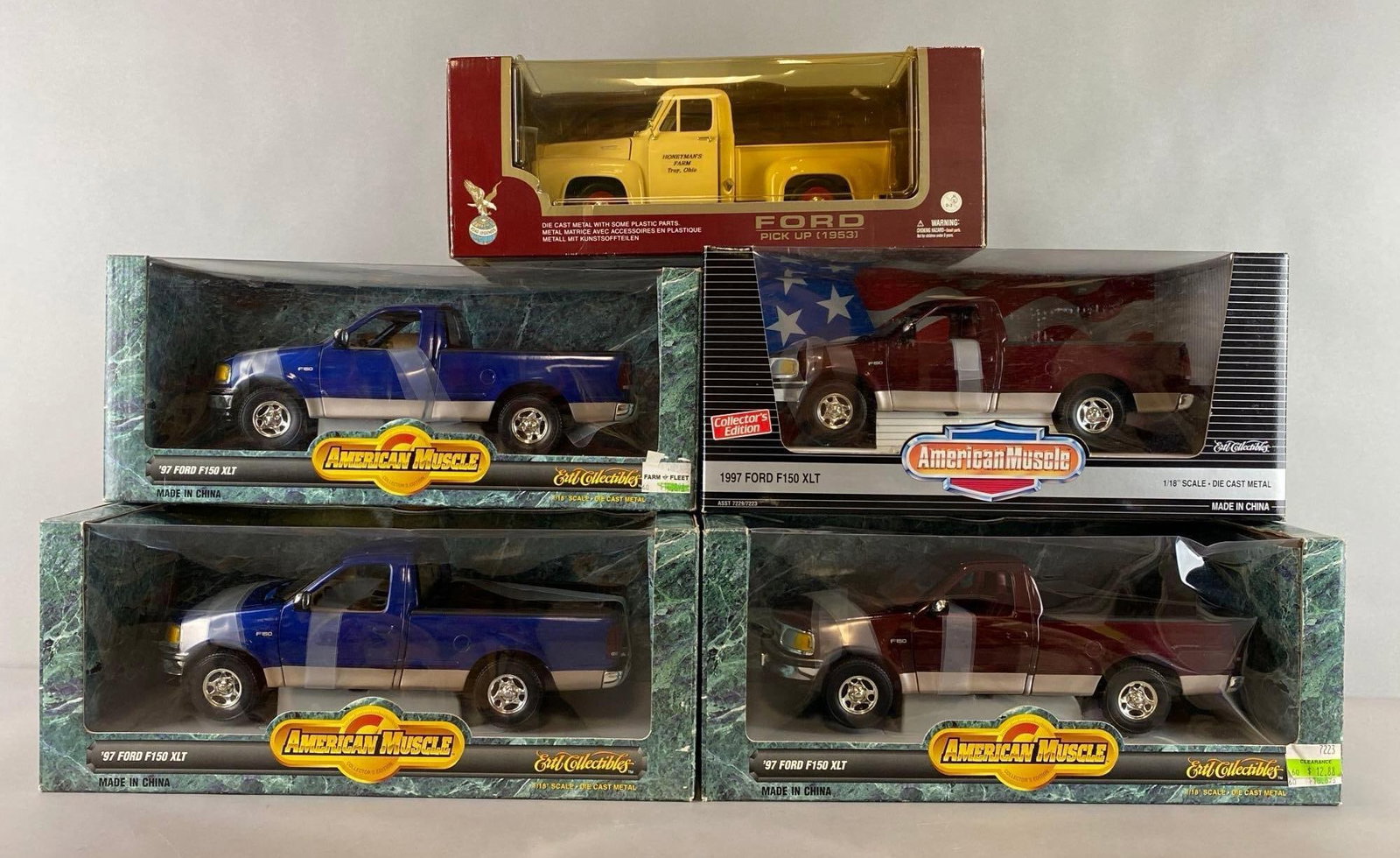 Group of 5 Ford Pickup Die-Cast Vehicles: 1/18 Scale. 4 ERTL and 1 Road Legend. Includes 1954 Ford Pickup and 4 ‘97 Ford F-150 XLT,