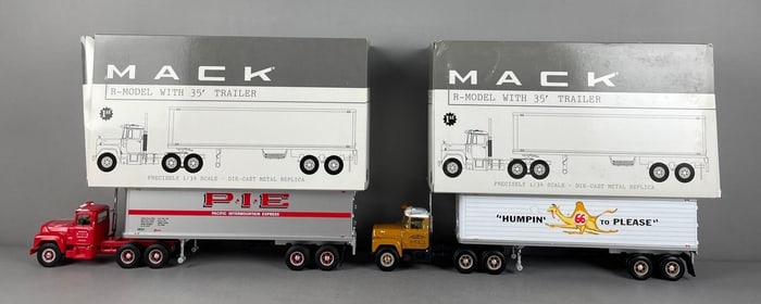 Group of 2 First Gear Mack R-Model Die-Cast Tractor Trailers
