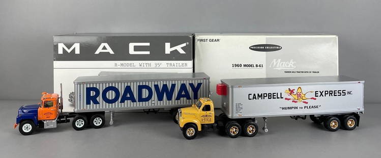 Group of 2 First Gear Mack Die-Cast Tractor Trailers: Includes Campbell express, roadway, 1/34 scale, original packaging