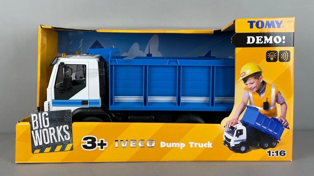 Tomy Big Works Iveco Plastic Dump Truck: New in original packaging, 1/16 scale