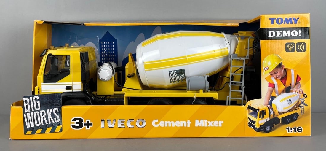 Tomy Big Works Iveco Plastic Cement Mixer Truck: New in original packaging, 1/16 scale