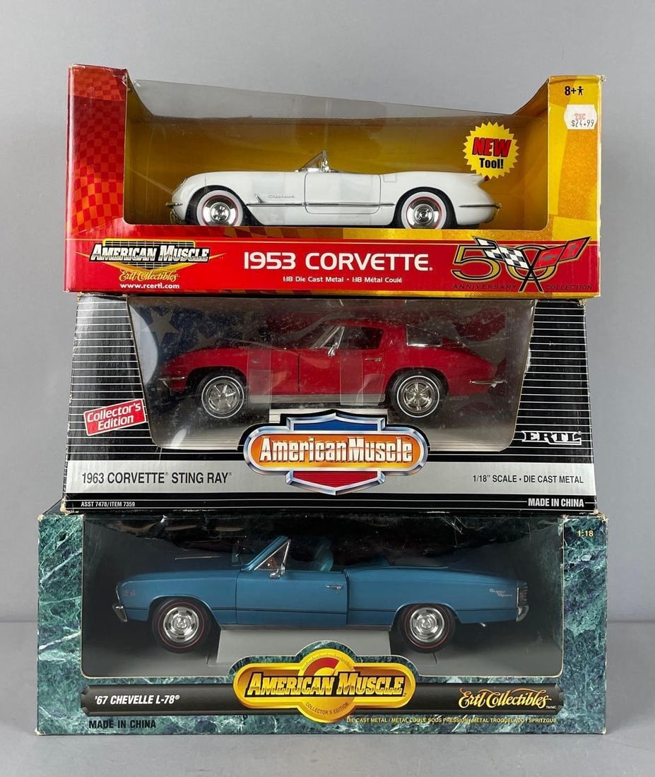 Group of Ertl American Muscle Chevy Die-Cast Cars: Includes 53 corvette, 63 stingray, 67 Chevelle L-78, 1/18 scale