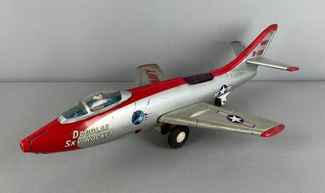 Vintage H.T.O. Douglas Sky Rocket B-335 Tin Litho Friction Navy Fighter Jet