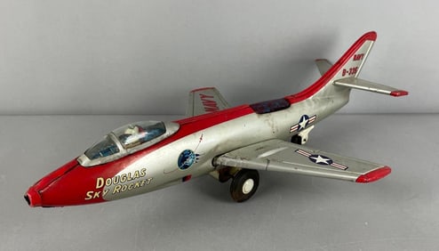 Vintage H.T.O. Douglas Sky Rocket B-335 Tin Litho Friction Navy Fighter Jet