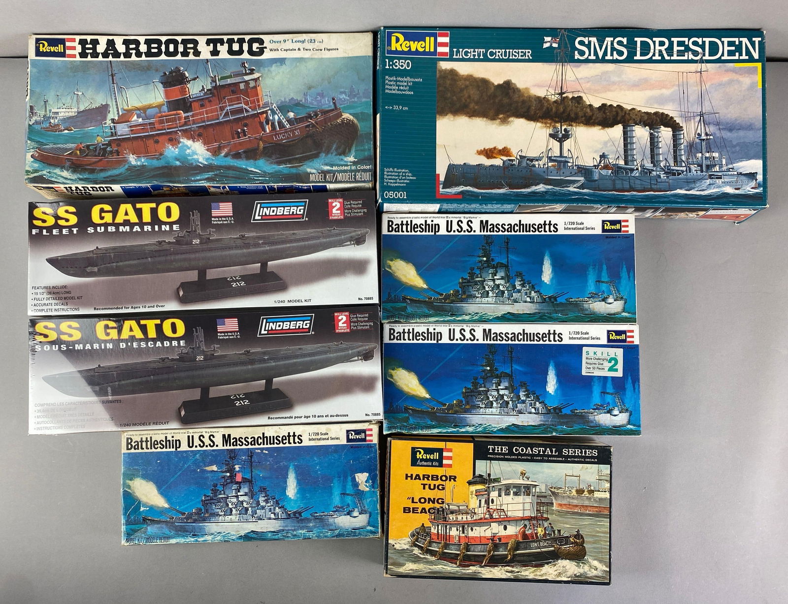 Group of Navel Battleship Plastic Model Kits and More: Includes SS Gato, USS Massachusetts, Long Beach Harbor Tug and more, some sealed, others seem complete, largest is 1 / 350 scale