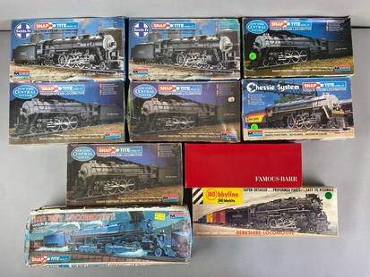 Group of HO Scale Locomotive Plastic Model Kits: All sets seem complete, includes NYC Line, Big Boy with Baltimore and Ohio Line, Berkshire Locomotive and more