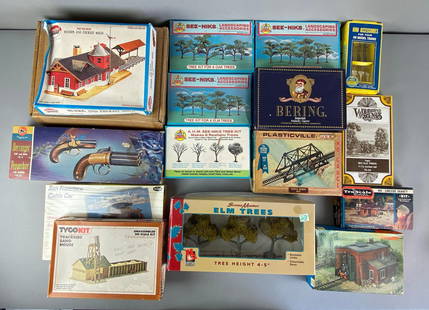 Group of Assorted Landscaping and Plastic Model Kits: Includes Trackside Sand house, trestle bridge, 6 oak tree kits and more, all buildings are HO Scale