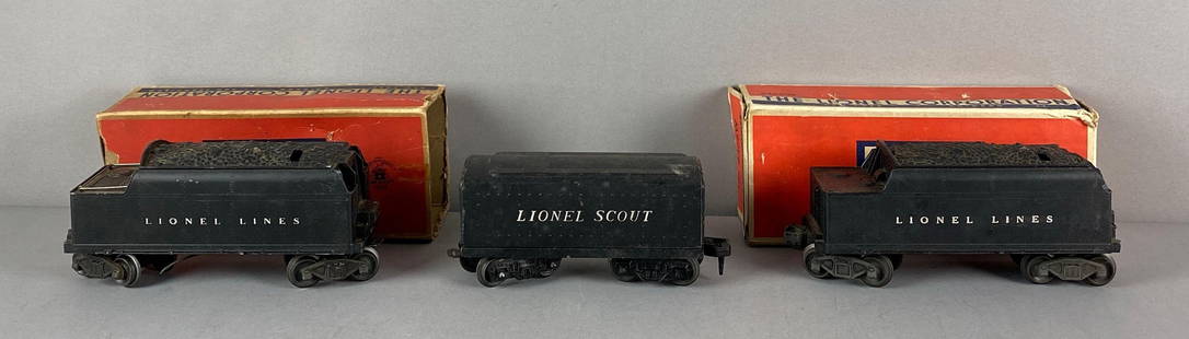 Group of 3 Lionel O Scale Tenders: 2 Tenders include original boxes, largest each measures 8 1/4 inches in length